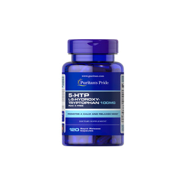 A bottle of 5-HTP 100 mg 120 caps with Puritan's Pride.